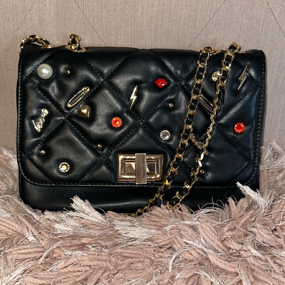 Black Quilted Chain Shoulder Bag with Embellishments